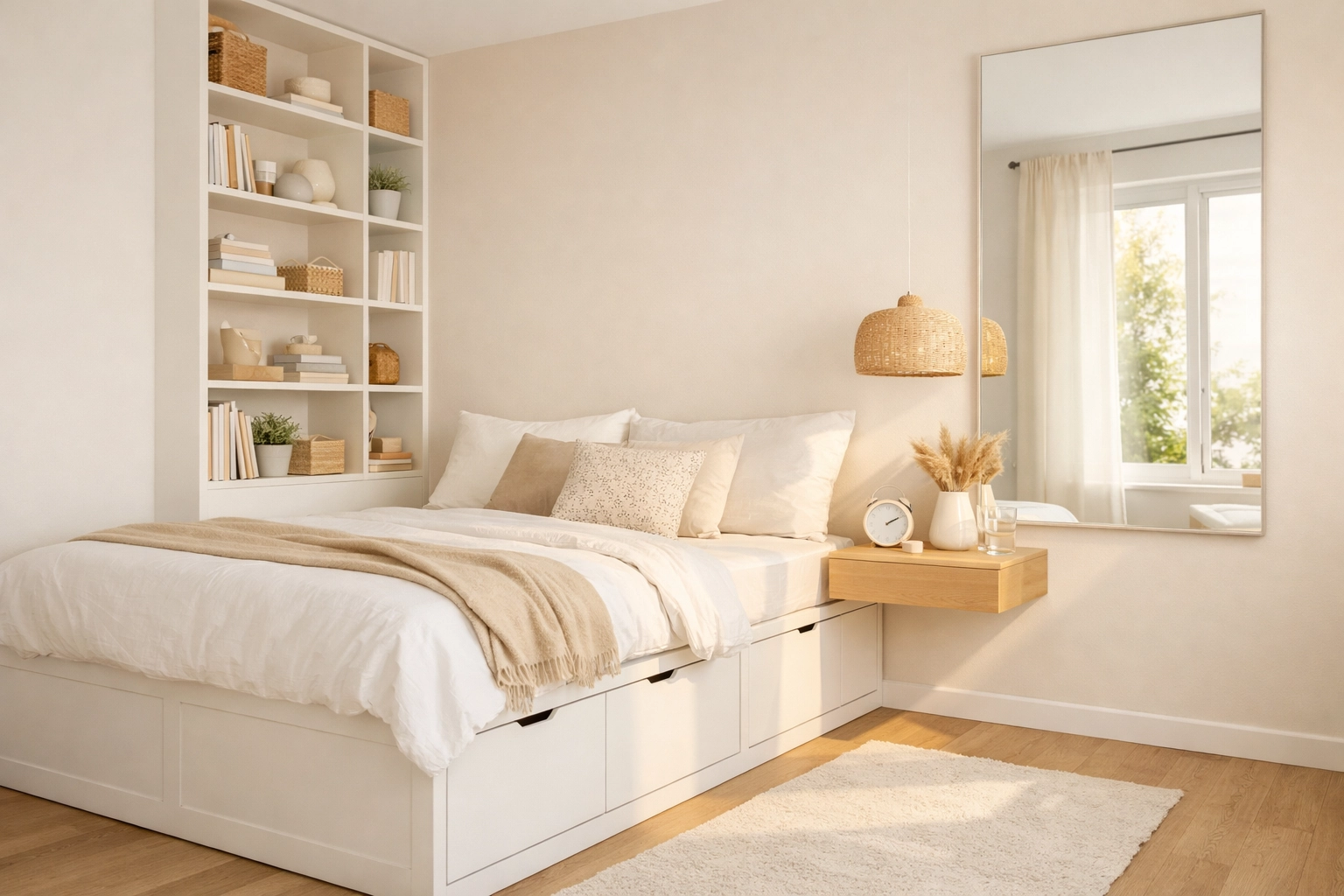Chambre minimaliste lumineuse illustrant comment optimiser un petit espace chambre avec rangements intégrés