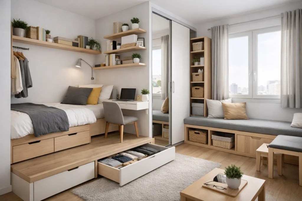 Petite chambre moderne bien aménagée avec rangements intégrés et décoration lumineuse