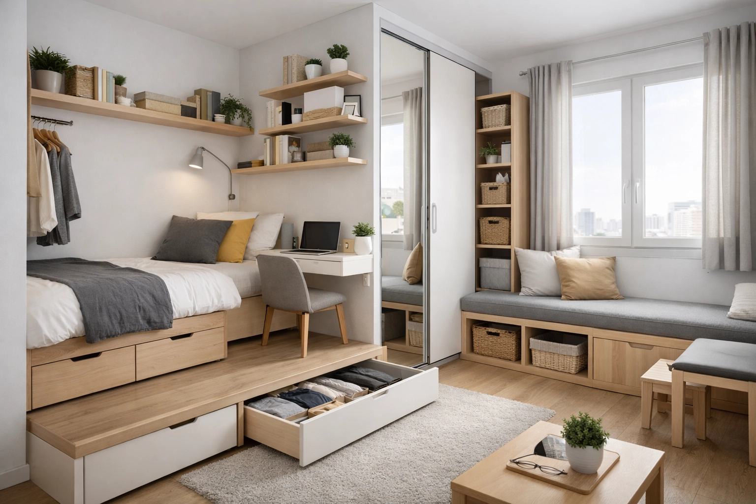Petite chambre moderne bien aménagée avec rangements intégrés et décoration lumineuse