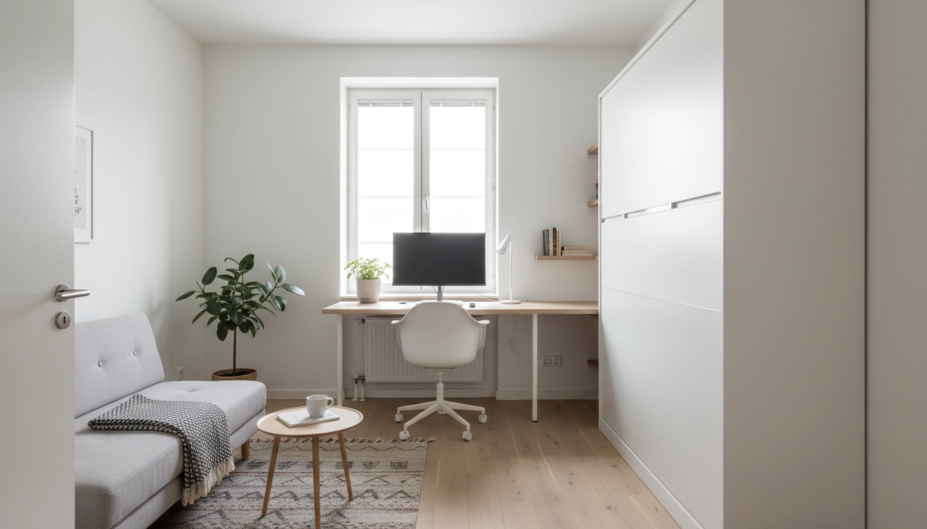 Studio compact avec lit escamotable et bureau intégré pour optimiser petit espace