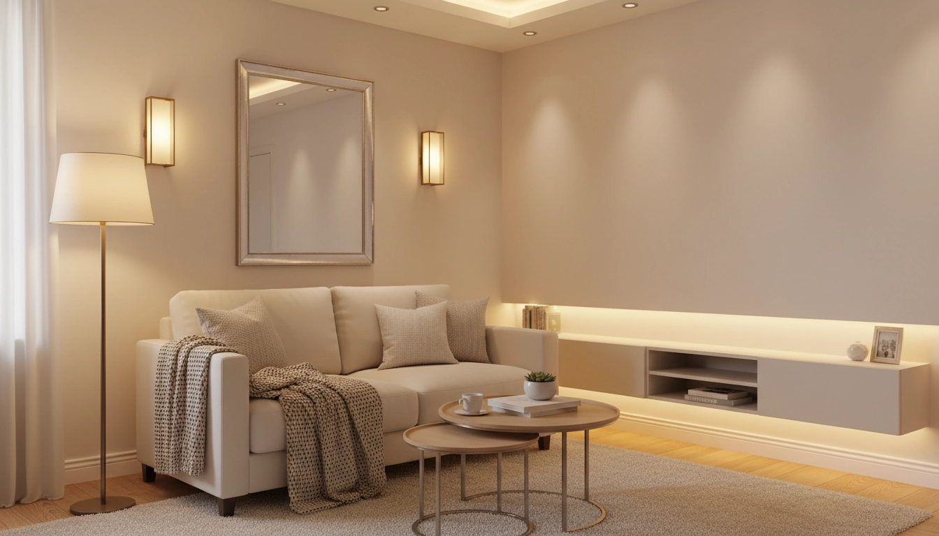 Salon lumineux avec éclairage en couches multiples pour agrandir visuellement un petit appartement