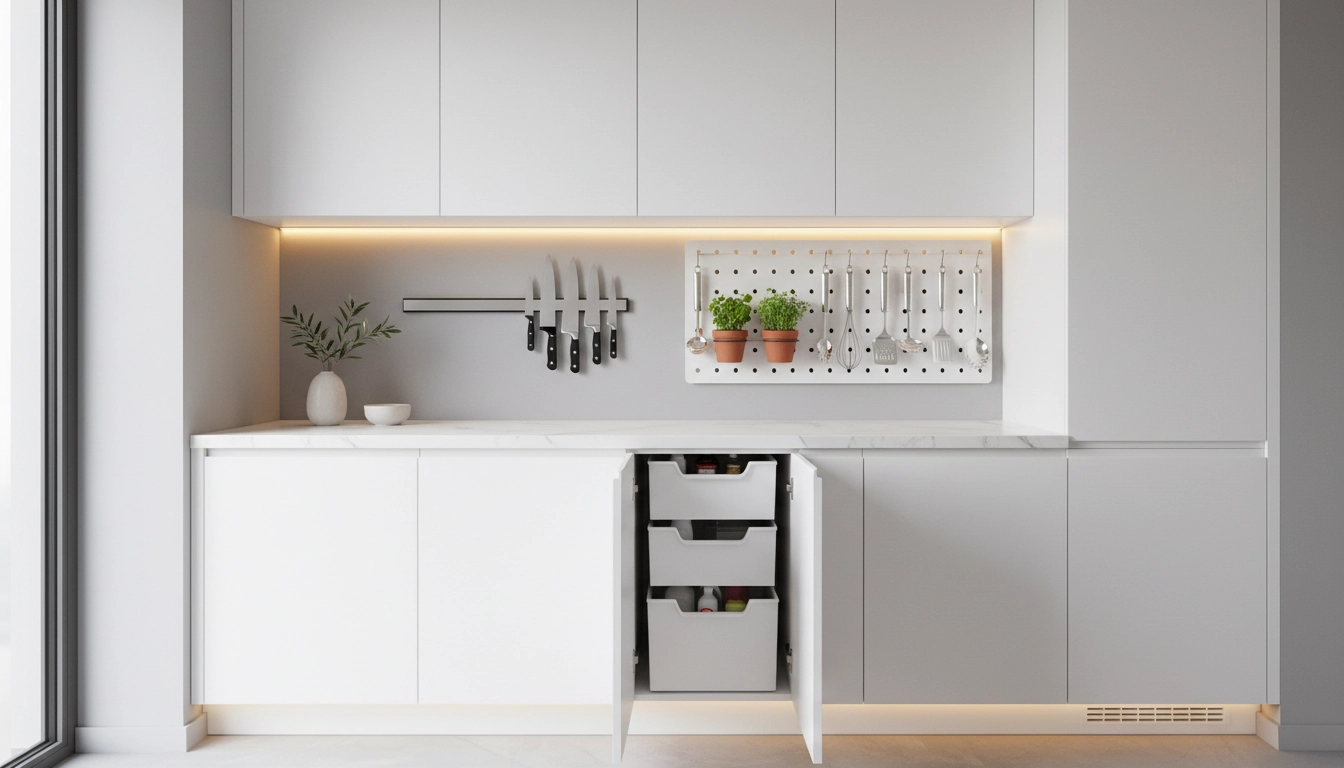 Petite cuisine fonctionnelle et bien organisée avec rangements muraux pour optimiser petit espace