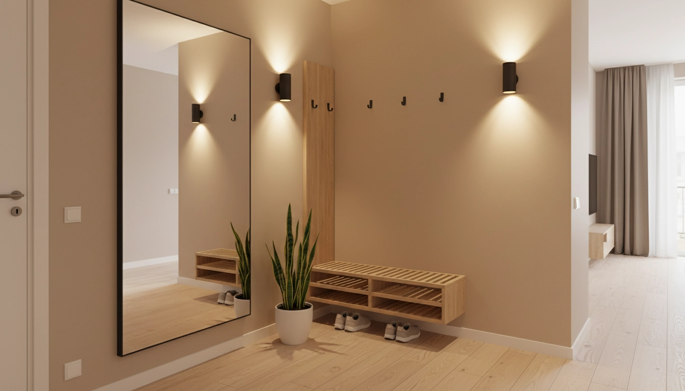 Entrée minimaliste d'un petit appartement avec miroir pleine hauteur et rangement optimisé