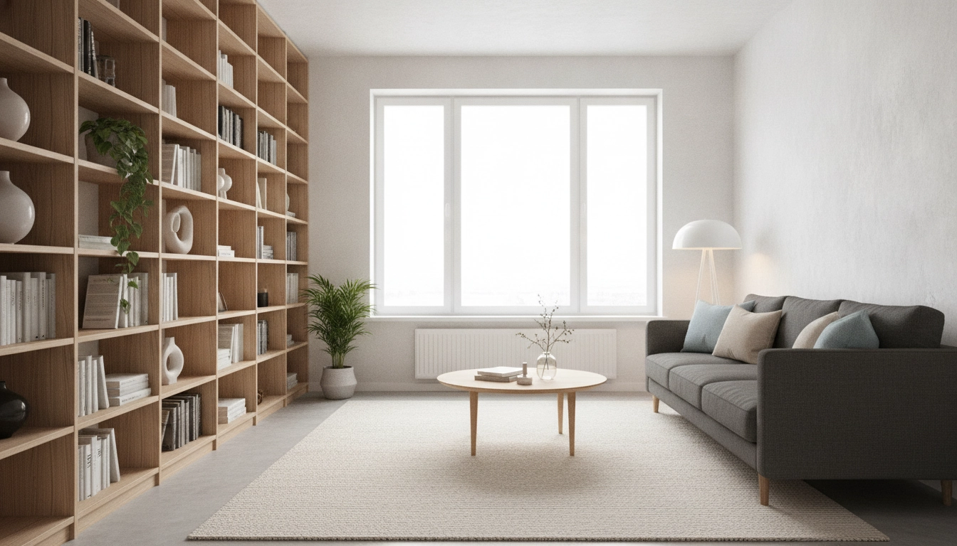 Aménagement intelligent pour optimiser petit espace rangement vertical avec une bibliothèque toute hauteur.