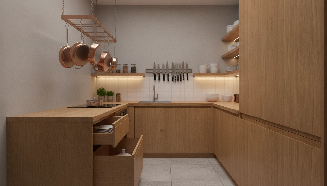 Exemple de rangement vertical dans une cuisine moderne.