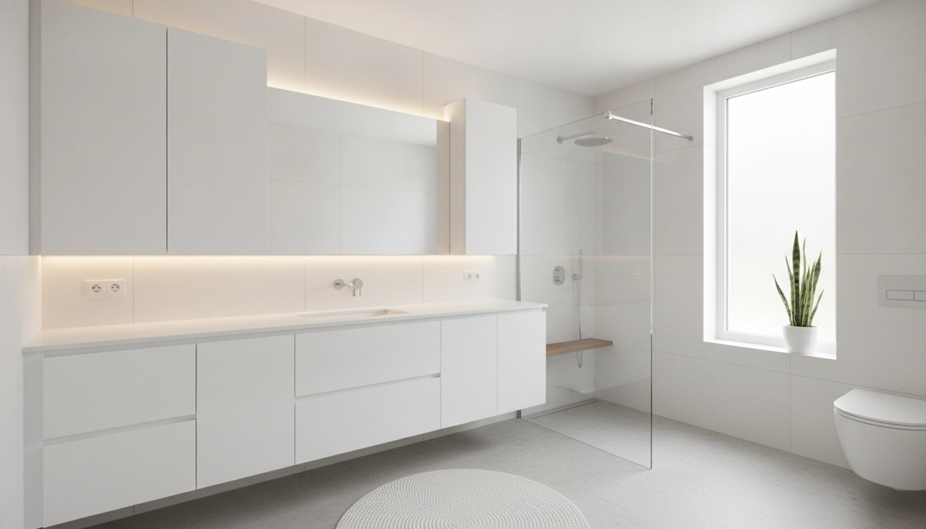 Aménagement intelligent pour optimiser petit espace salle de bain avec des rangements muraux.