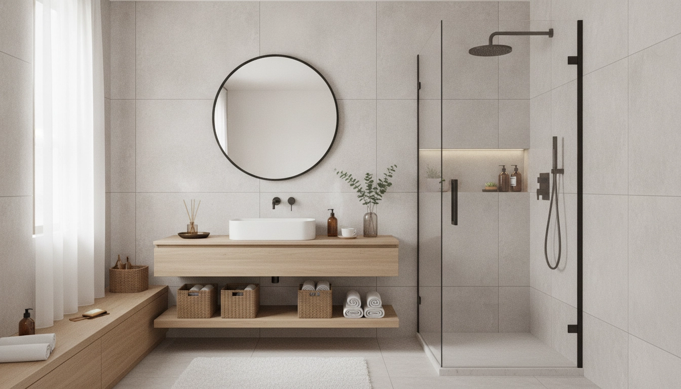 Une salle de bain moderne et lumineuse pour optimiser petit espace salle de bain avec des rangements suspendus.