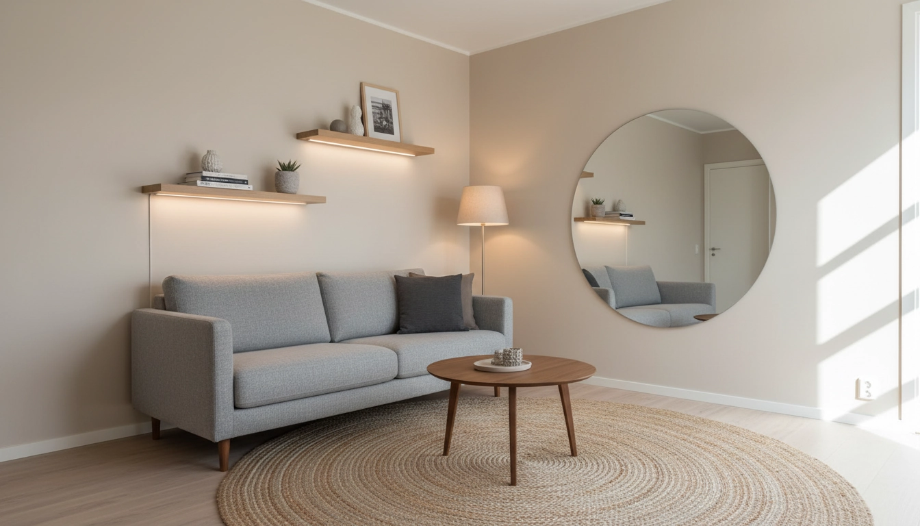 Salon compact aménagé avec des astuces pour optimiser petit espace salon : miroir, canapé sur pieds et rangements muraux