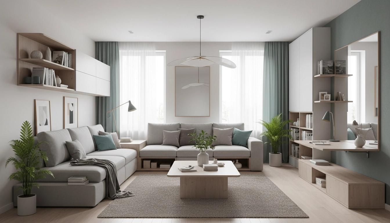 Salon de petite taille optimisé avec miroir, canapé compact et étagères murales