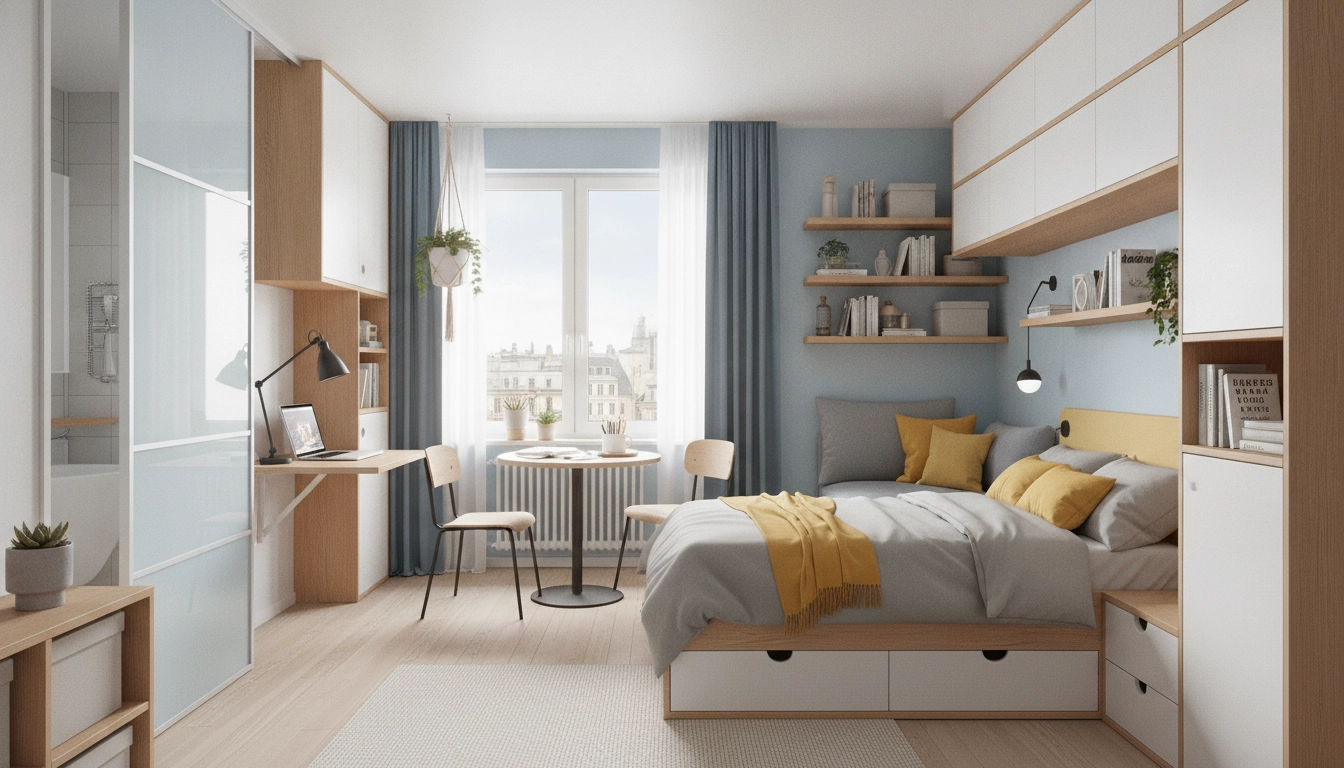 Aménagement intérieur minimaliste pour optimiser petit espace studio étudiant avec des meubles modulables.