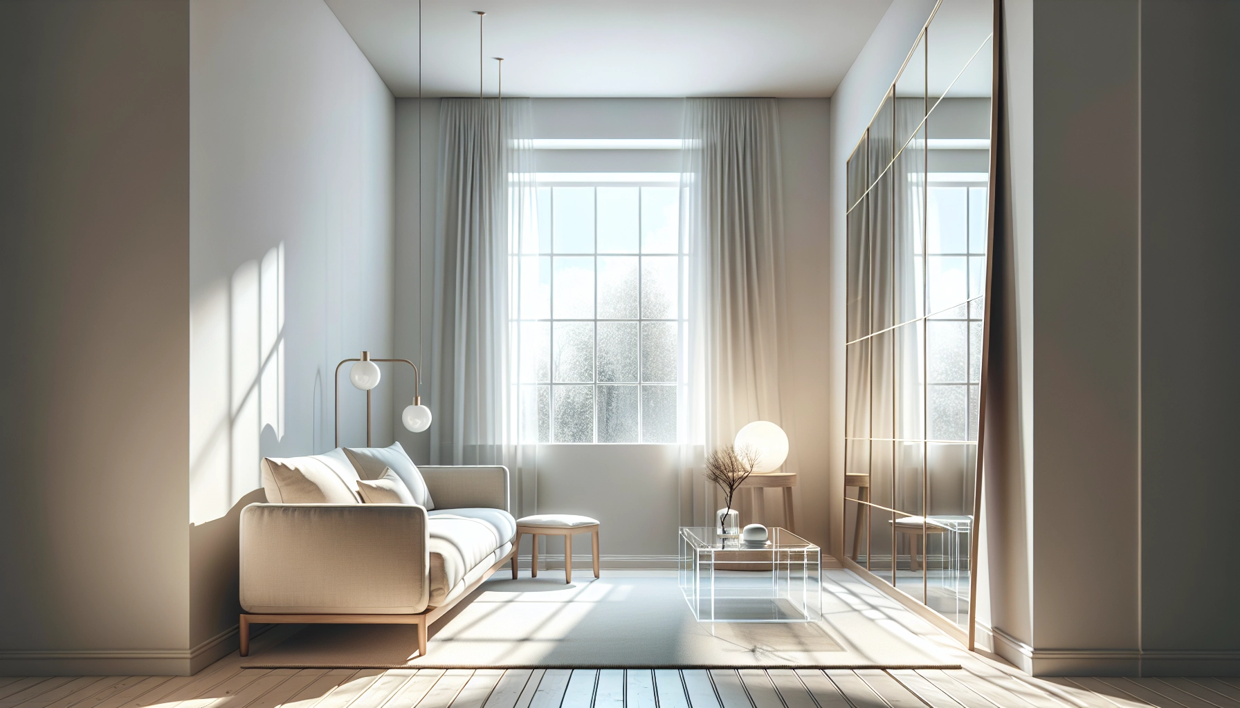 Salon lumineux avec miroir pleine hauteur pour optimiser un petit espace et l'agrandir visuellement