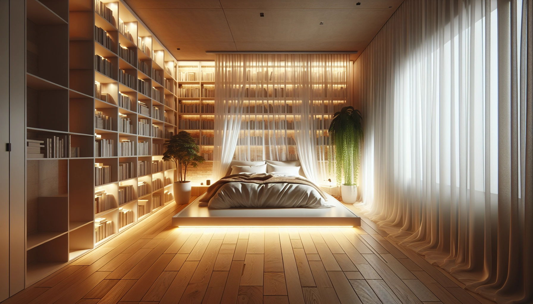 Chambre avec bibliothèque pleine hauteur et rideaux longs pour agrandir visuellement un petit espace