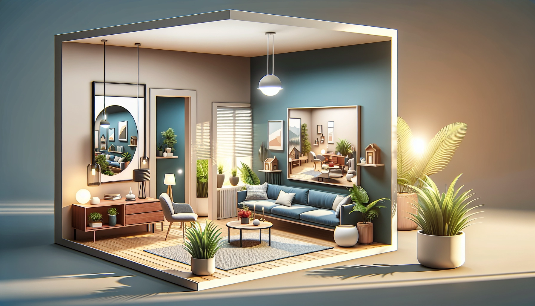 Petit salon décoré avec miroir et couleurs claires pour agrandir visuellement l'espace