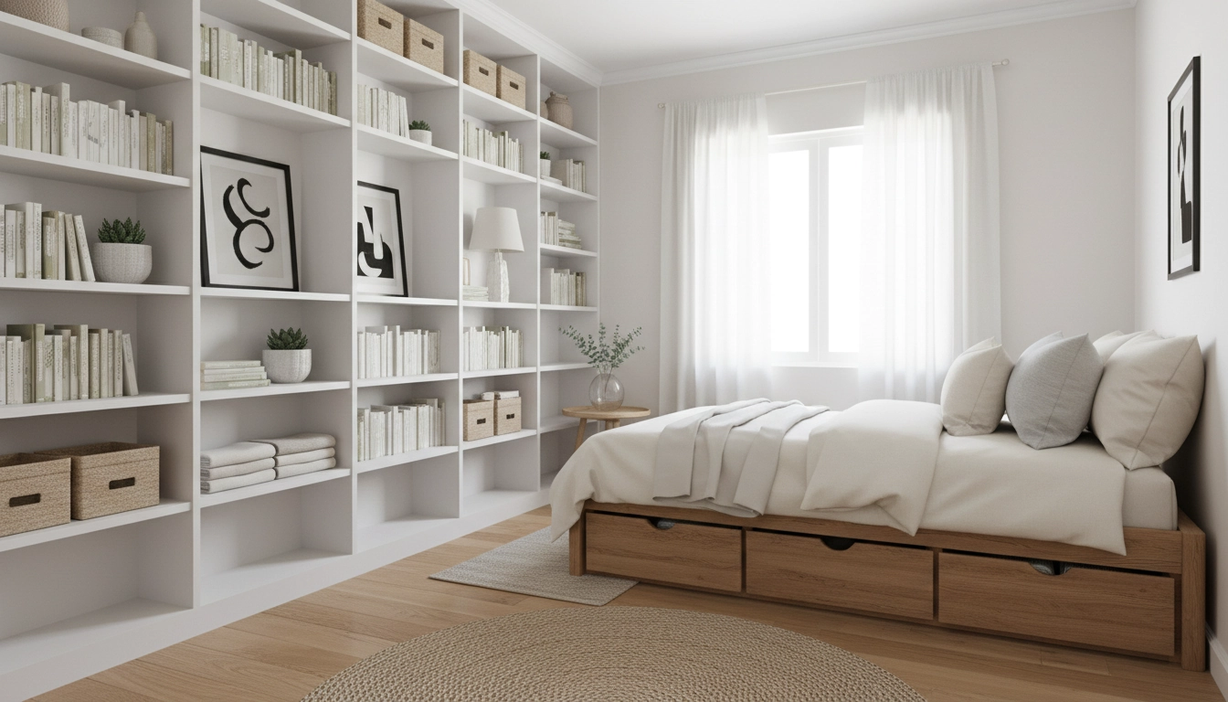 Petite chambre bien organisée avec étagères murales pour optimiser le rangement d'une petite chambre