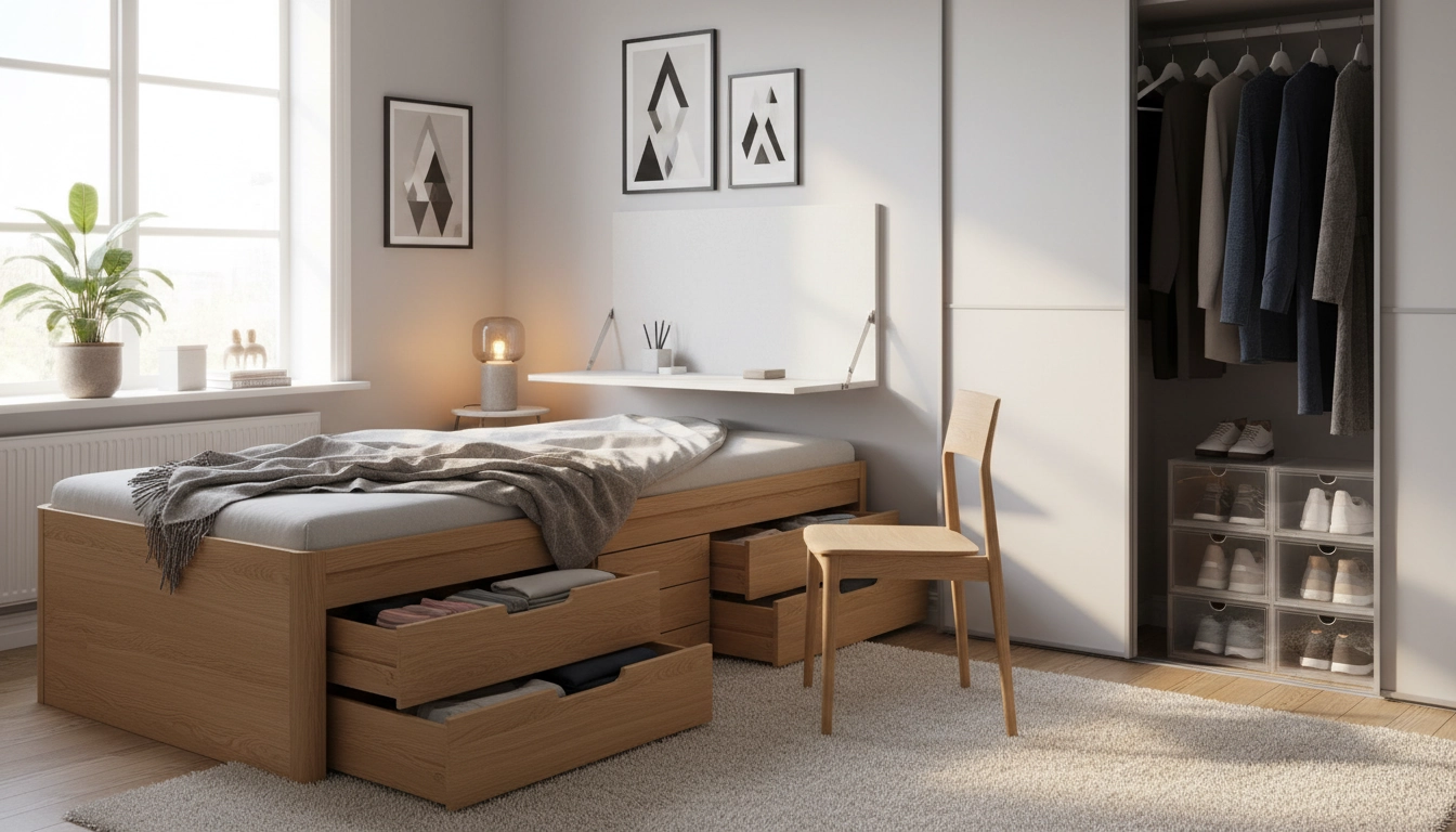 Meubles multifonctions dans une petite chambre avec lit à tiroirs et bureau rabattable pour maximiser l'espace