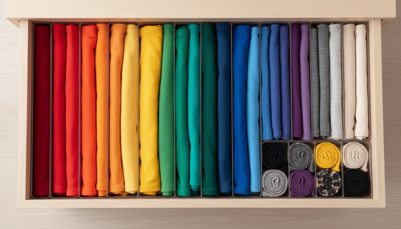 Méthode de pliage vertical KonMari dans un tiroir pour organiser efficacement les vêtements dans une petite chambre