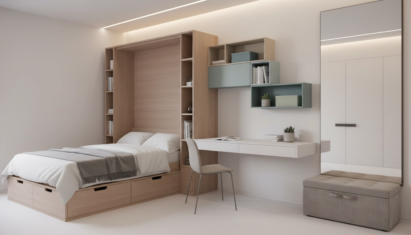 Solutions innovantes pour optimiser le rangement d'une petite chambre avec des étagères murales et des meubles multifonctions
