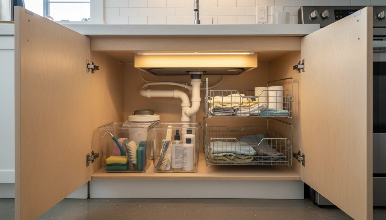 Organisation parfaite pour optimiser rangement sous evier petite cuisine avec des rangements coulissants.