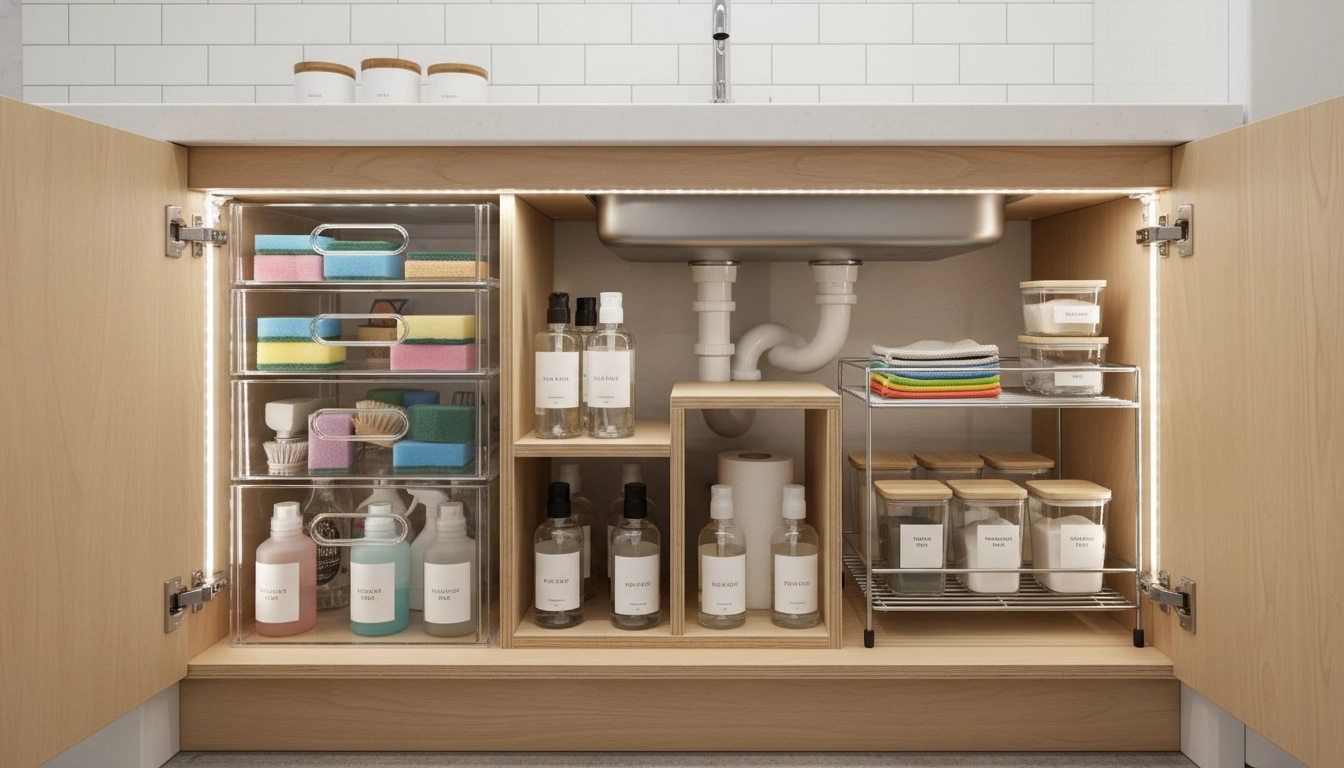 Placard ouvert montrant comment optimiser rangement sous evier petite cuisine avec des bacs transparents et des étagères modulables.