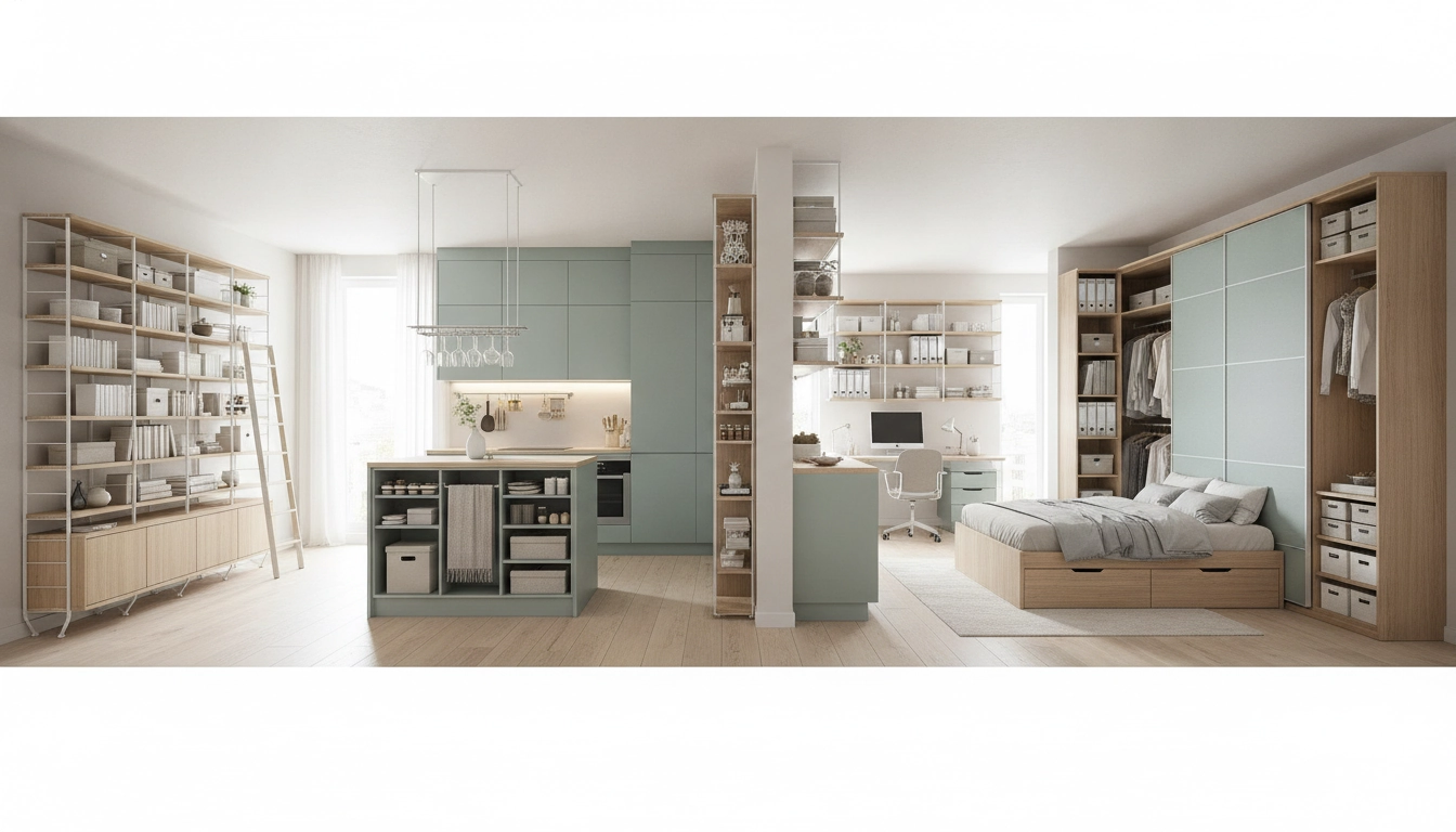 Un intérieur moderne et lumineux utilisant des meubles hauts pour optimiser rangement vertical avec meubles.