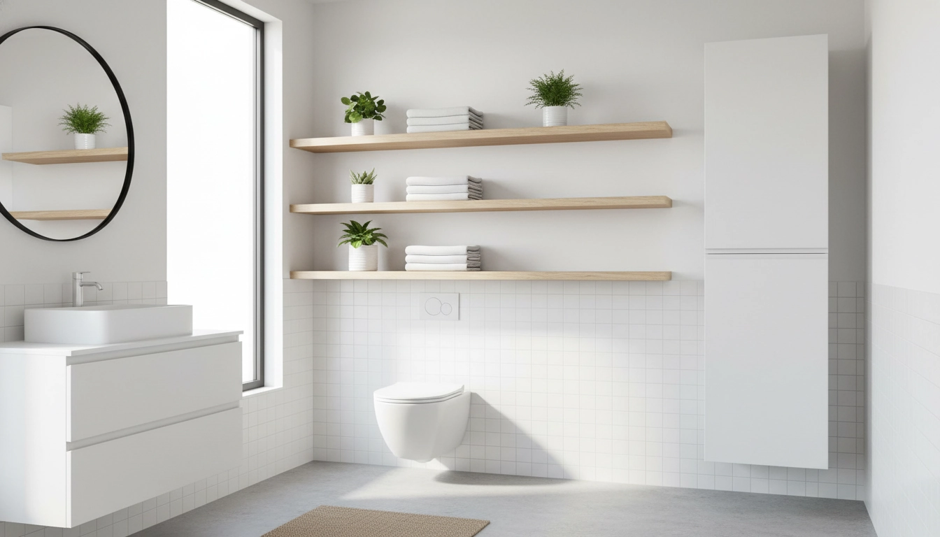 Une étagère en bois flottante parfaite pour optimiser rangement vertical salle bain avec style.