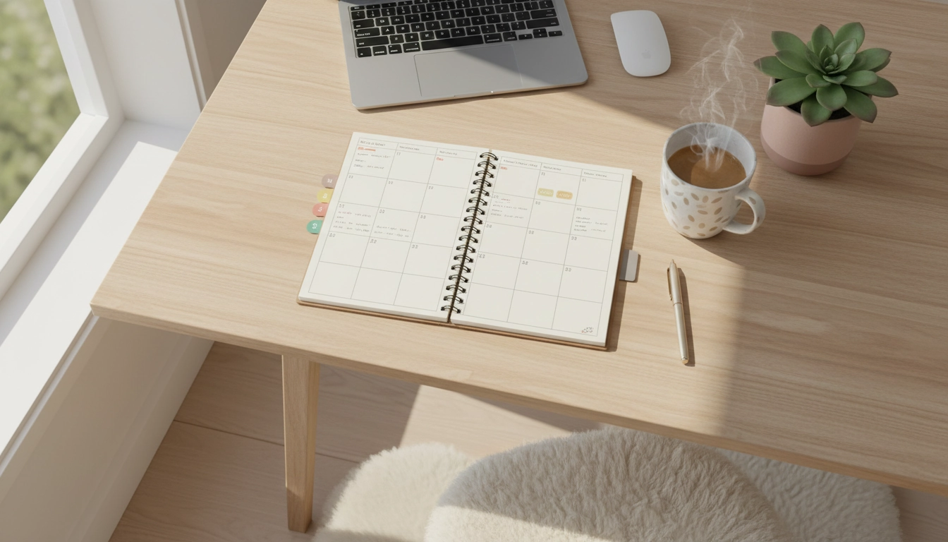 Bureau organisé avec agenda ouvert illustrant les principes d'organisation du quotidien pour un esprit serein