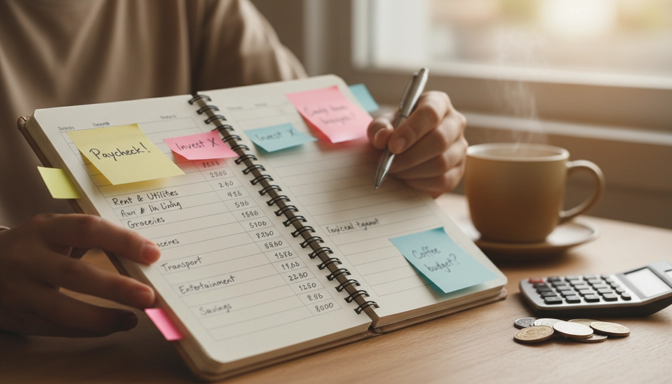 Carnet de gestion du budget familial ouvert avec catégories de dépenses notées à la main