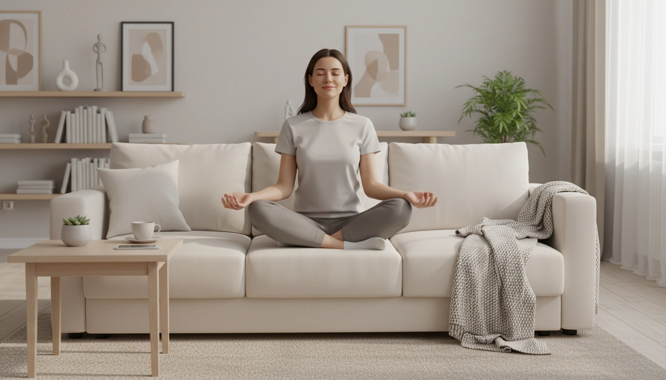 Femme se reposant sereinement dans un salon rangé après avoir allégé sa charge mentale grâce à l'organisation