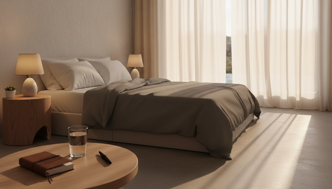 Chambre minimaliste au lever du soleil symbolisant une routine matinale saine et organisée