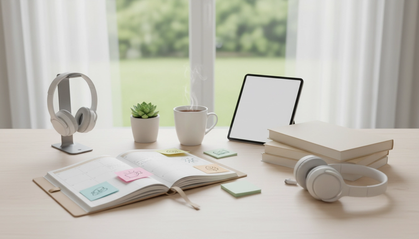 Femme sereine à son bureau pratiquant l'organisation du quotidien avec un agenda et une tasse de café