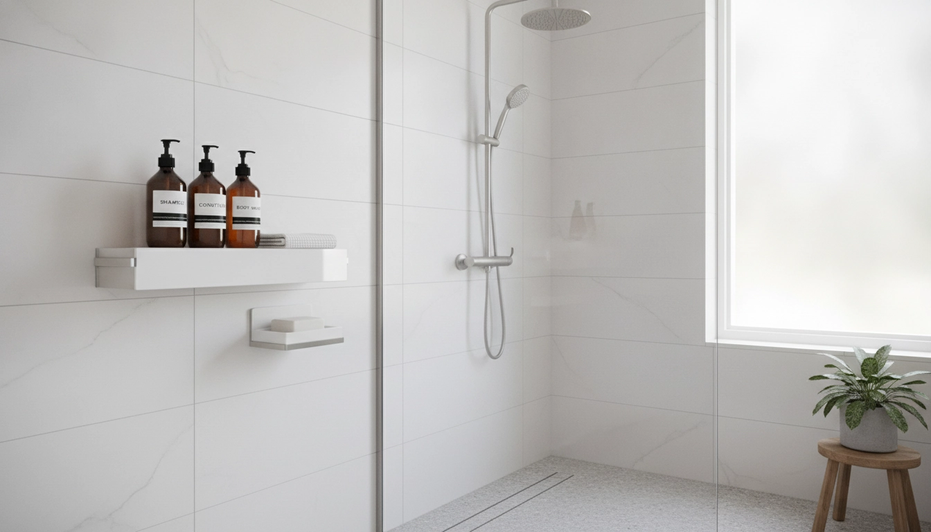 Solution design pour organiser douche sans percer avec des étagères suspendues