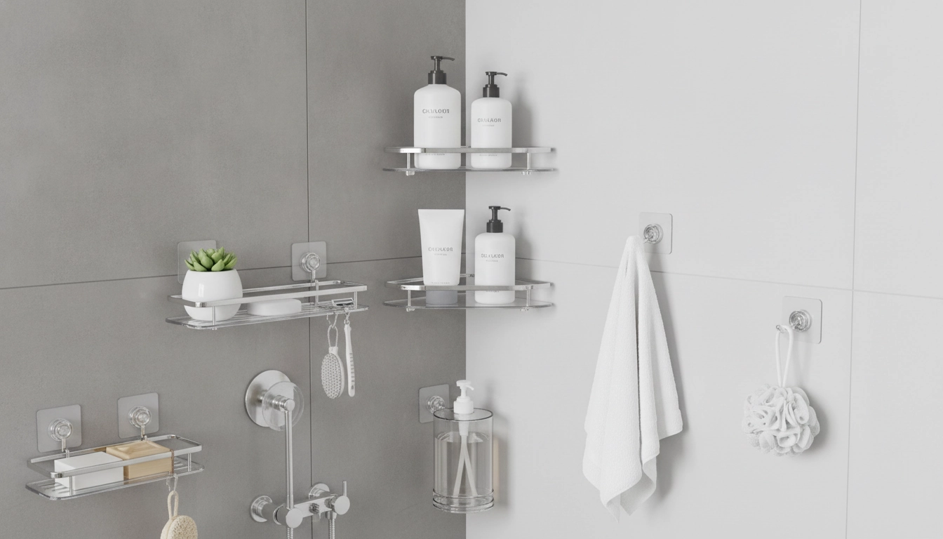 Salle de bain moderne avec accessoires de rangement sans perçage