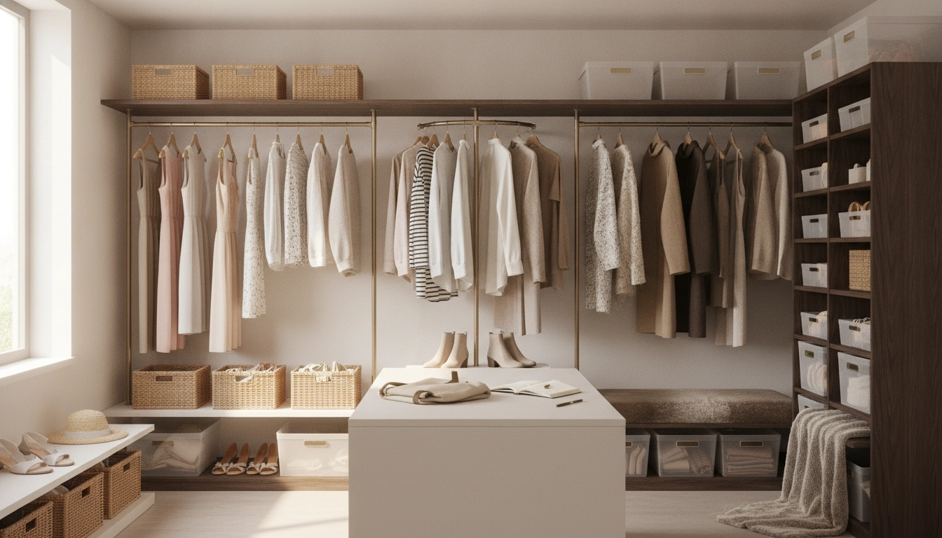 Une personne organisant consciencieusement son dressing lors d'un changement de saison