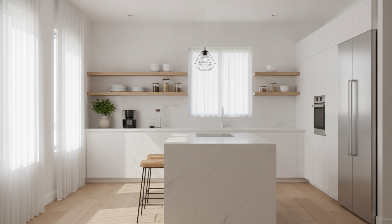 Cuisine épurée montrant comment organiser le nettoyage de sa cuisine pour gagner du temps