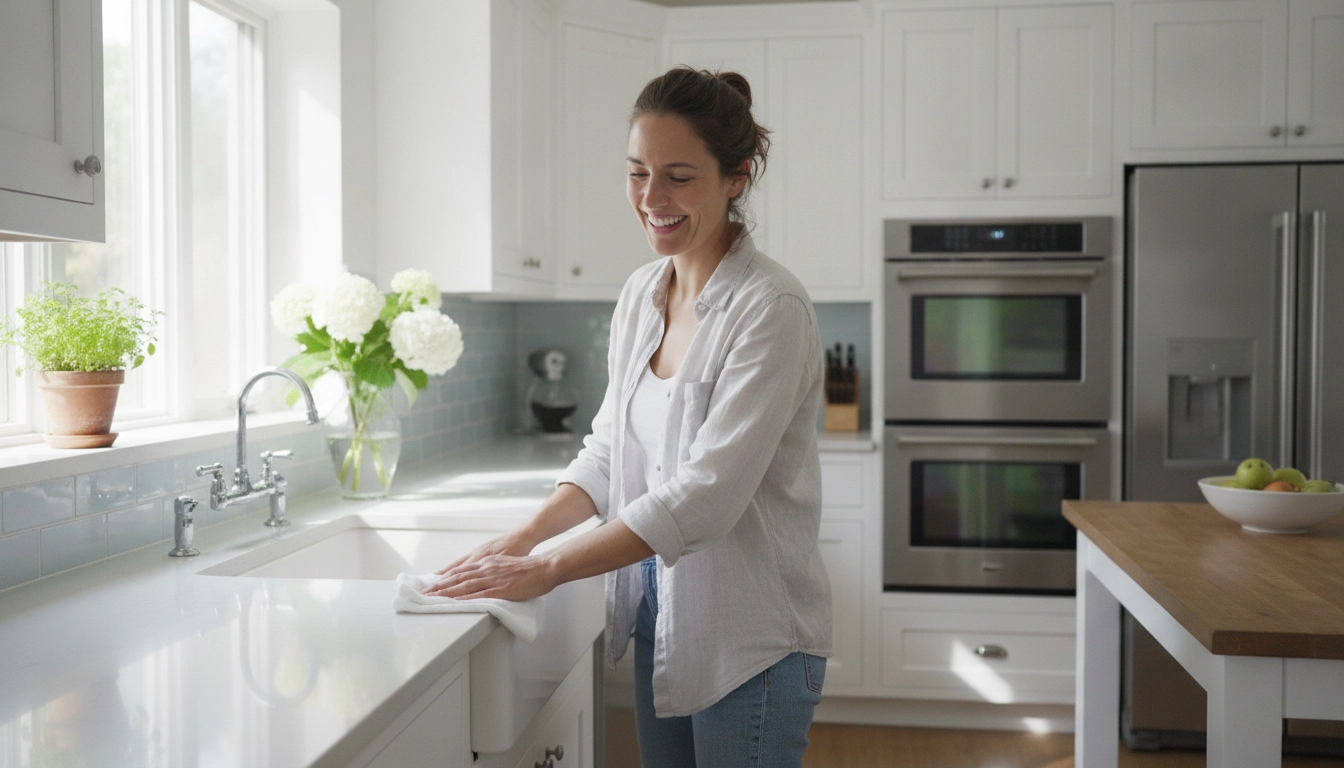Une personne sereine en train d'organiser le nettoyage de sa cuisine pour gagner du temps