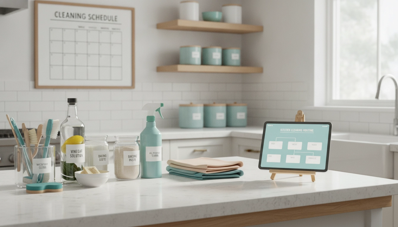 Une cuisine moderne et organisée illustrant comment organiser le nettoyage de sa cuisine pour gagner du temps