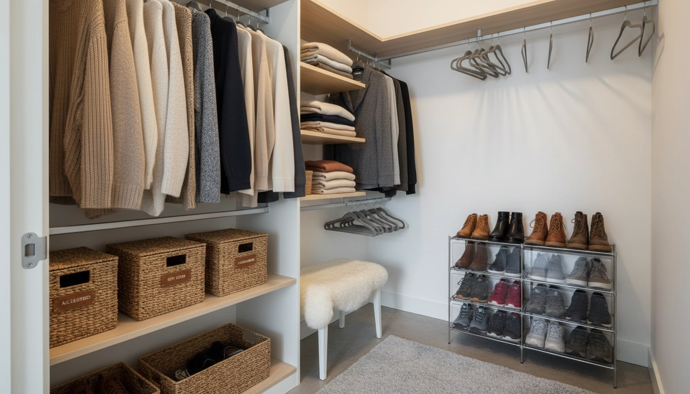 Exemple concret d'organiser un petit dressing avec optimisation espace : double penderie, étagères modulables et paniers étiquetés