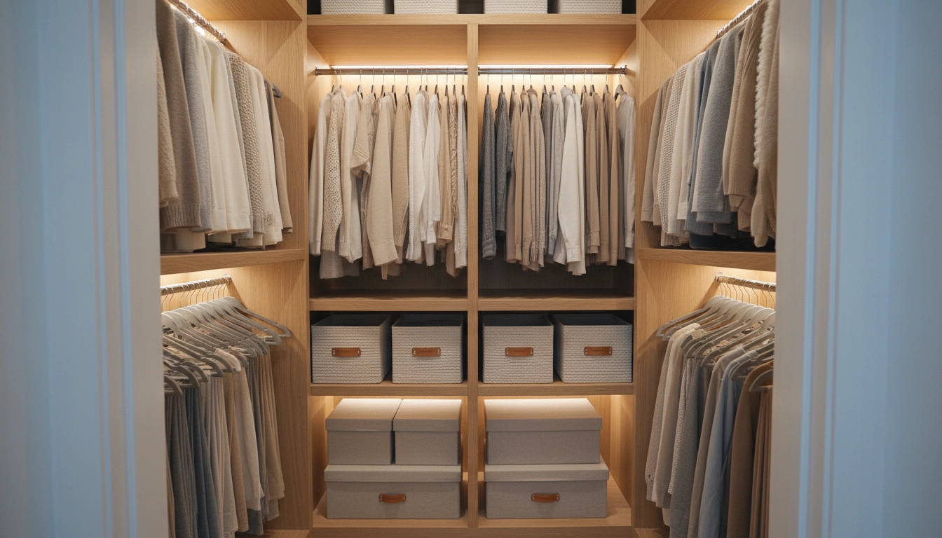 Optimisation de l'espace vertical dans un petit dressing avec étagères jusqu'au plafond et éclairage LED intégré