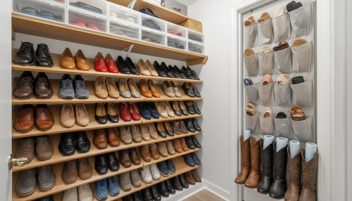 Rangement intelligent des chaussures dans un petit dressing : étagères inclinées, boîtes transparentes et organisateur de porte