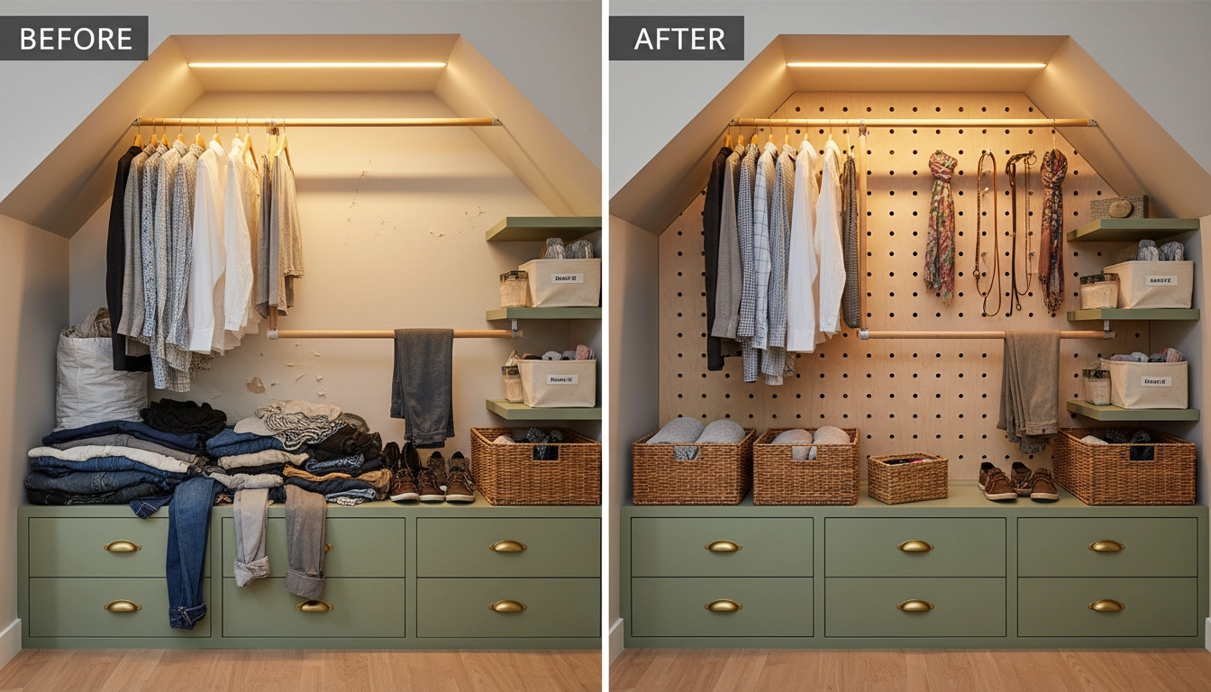 Transformation d'un petit dressing sous escalier avec aménagement sur mesure et optimisation de chaque zone disponible