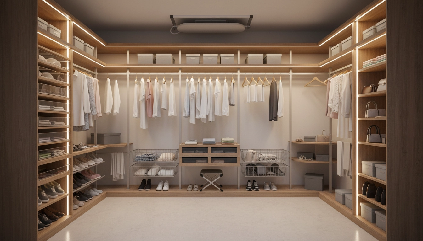 Petit dressing bien organisé avec optimisation de l'espace de rangement, montrant des étagères modulables, une double penderie et des cintres slim