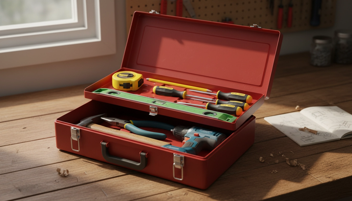 Caisse à outils de bricolage pour débutant bien organisée par zones, ouverte sur un établi en bois