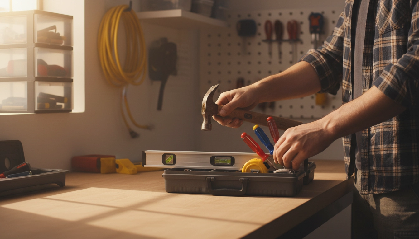 Débutant en bricolage rangeant ses outils dans sa petite caisse après un projet, pour organiser sa petite caisse outils bricolage débutant durablement