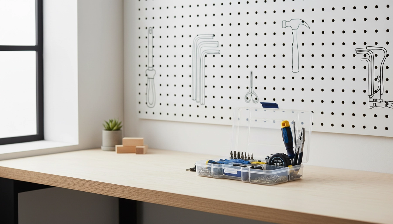 Petite caisse à outils de bricolage bien organisée pour débutant, avec outils rangés par zones