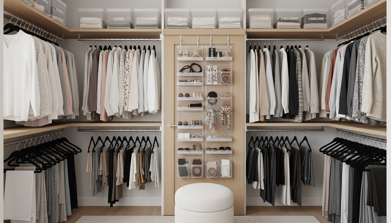 Organiser son dressing avec une double barre de penderie et des étagères modulables dans un petit espace optimisé