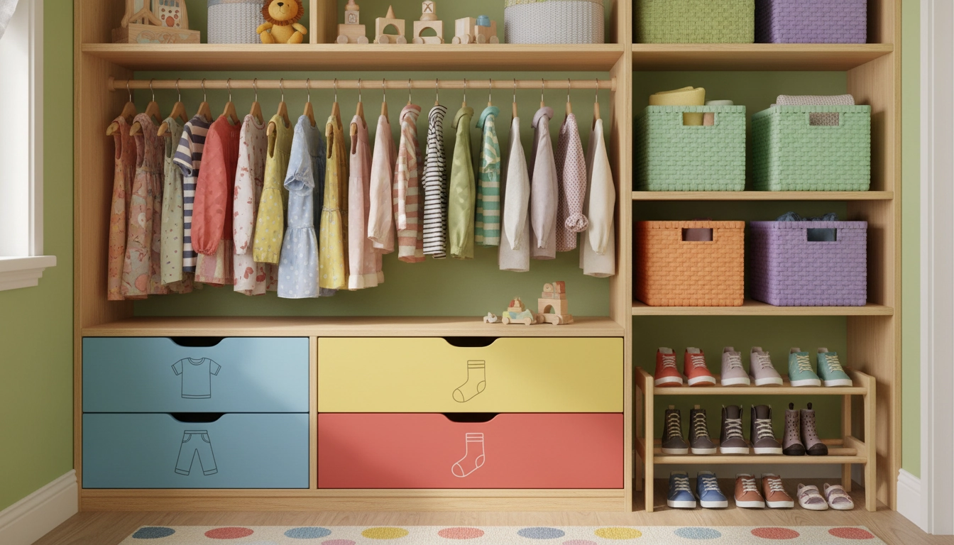 Dressing d'enfant organisé avec barre basse et tiroirs étiquetés pour encourager l'autonomie