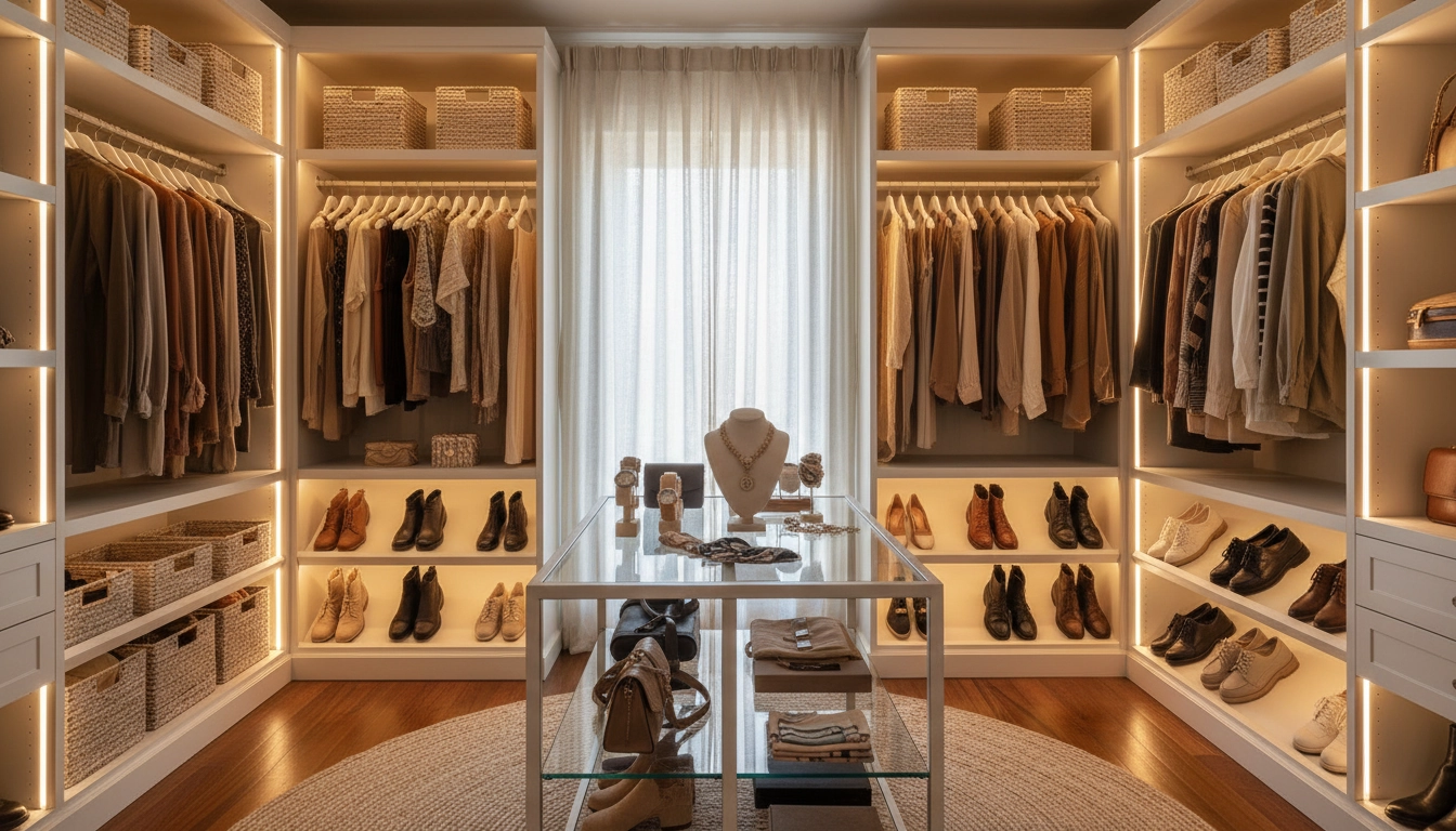 Dressing personnalisé et esthétique avec éclairage LED, cintres uniformes et paniers assortis pour un rangement durable