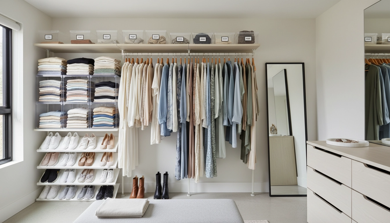 Organiser son dressing avec des rangements modulables, cintres uniformes et boîtes transparentes pour un espace ordonné et accessible