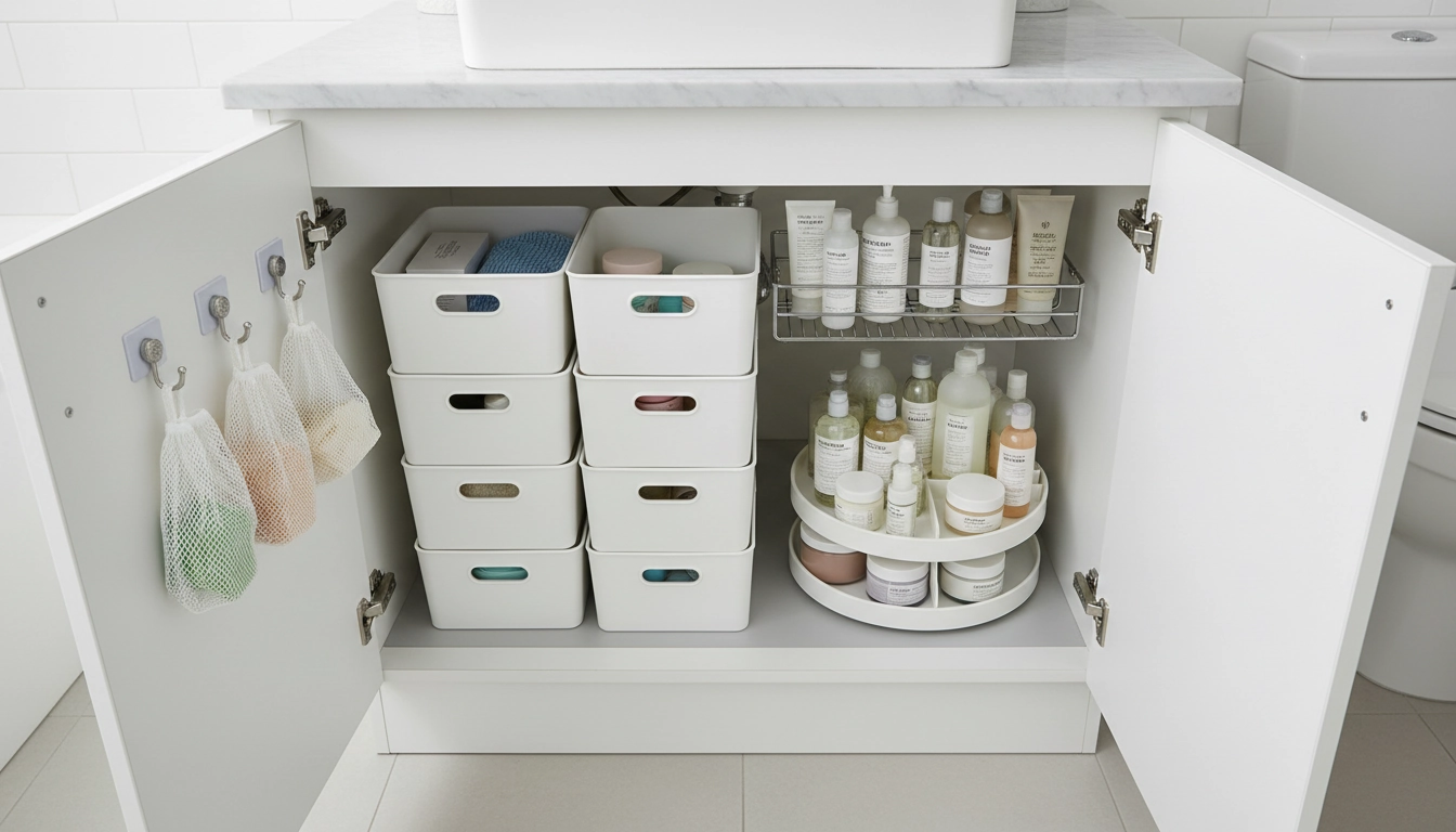 Idées pour organiser sous lavabo salle bain avec bacs empilables et organiseurs coulissants