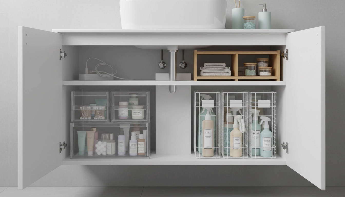 Espace sous lavabo de salle de bain bien organisé avec bacs et paniers rangement